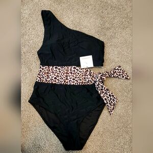 Black One-Shoulder Swimsuit with Leopard Print by Cacique